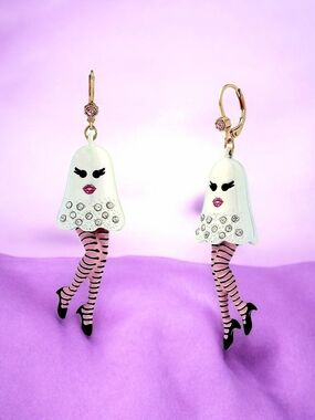Betsey Johnson Girly Striped Ghost Leverback Earring White Drop: 2.5 Inches NWT